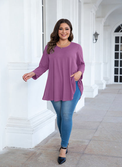 Women's Plus Size Purple Tunic Top – 3/4 Sleeve Swing Flare Blouse for Leggings (L–6XL)