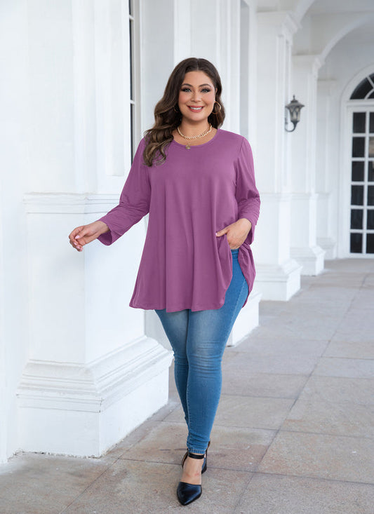 Women's Plus Size Purple Tunic Top – 3/4 Sleeve Swing Flare Blouse for Leggings (L–6XL)
