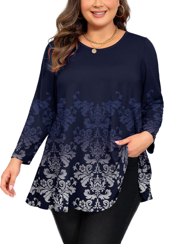 Women's Plus Size Tunic Top | 3/4 Sleeve Orange Floral Print Swing Flare Blouse