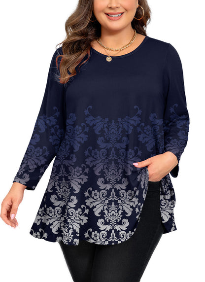 Women's Plus Size Tunic Top | 3/4 Sleeve Orange Floral Print Swing Flare Blouse