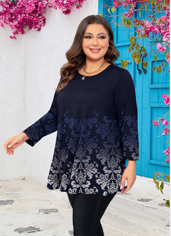 Women's Plus Size Tunic Top | 3/4 Sleeve Orange Floral Print Swing Flare Blouse