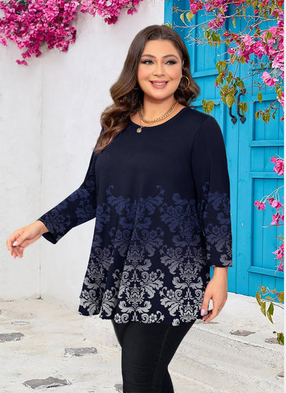 Women's Plus Size Tunic Top | 3/4 Sleeve Orange Floral Print Swing Flare Blouse