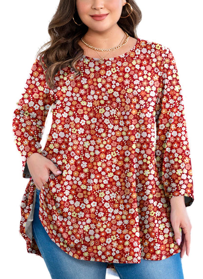Women's Floral Tunic Top – 3/4 Sleeve Swing Flare Blouse for Leggings | Red Small Floral (S–5XL)