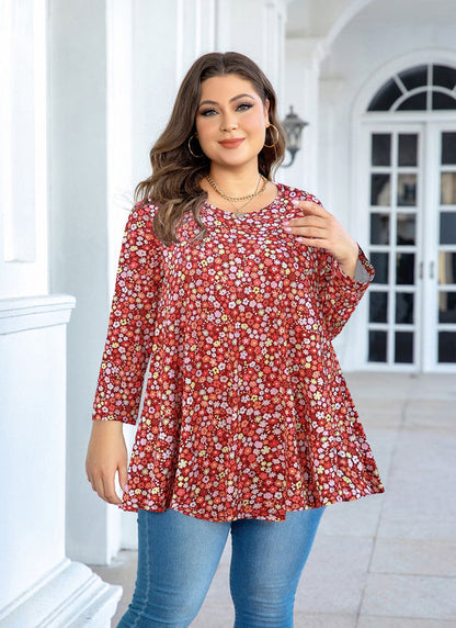 Women's Floral Tunic Top – 3/4 Sleeve Swing Flare Blouse for Leggings | Red Small Floral (S–5XL)