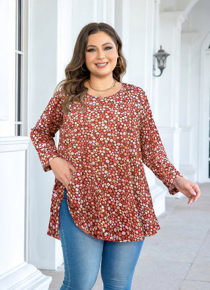 Women's Floral Tunic Top – 3/4 Sleeve Swing Flare Blouse for Leggings | Red Small Floral (S–5XL)