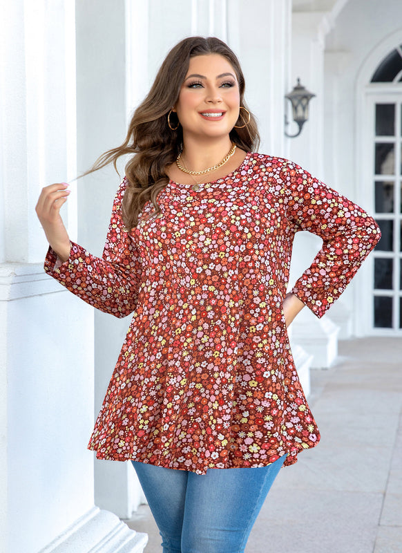 Women's Floral Tunic Top – 3/4 Sleeve Swing Flare Blouse for Leggings | Red Small Floral (S–5XL)