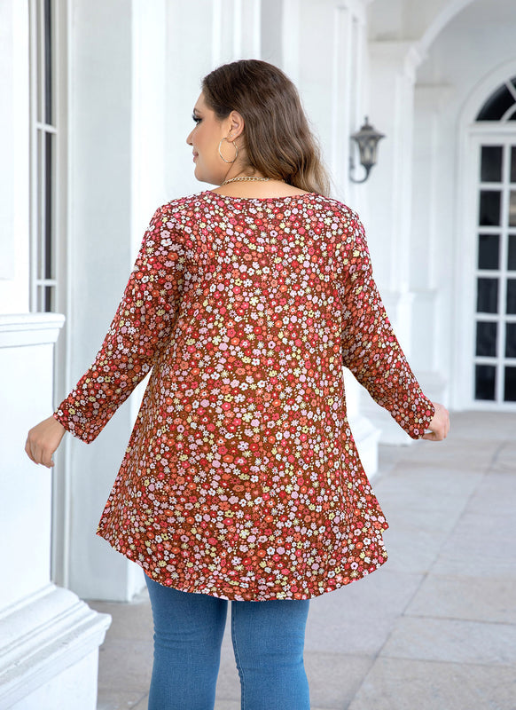 Women's Floral Tunic Top – 3/4 Sleeve Swing Flare Blouse for Leggings | Red Small Floral (S–5XL)