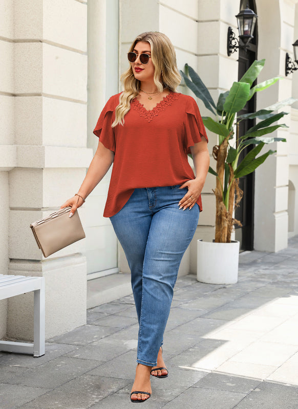 Women's Burnt Orange V-Neck Blouse – Floral Lace Trim, Plus Size
