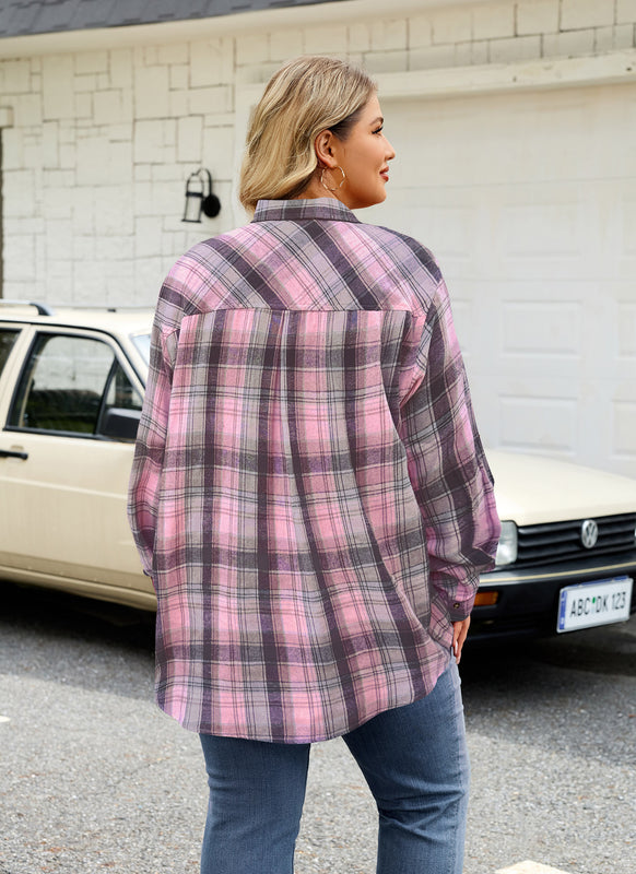 Women's Plus Size Light Pink Plaid Flannel Shirt | Long Sleeve Button Down