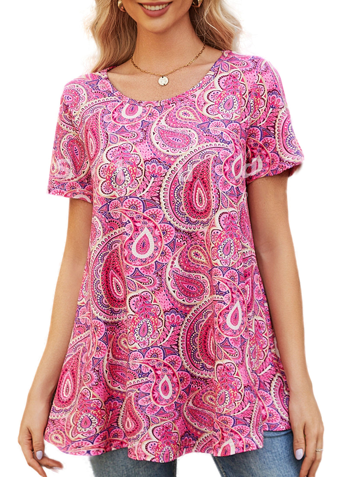 Hot Pink Paisley Print Tunic Top – Women's Plus Size Short Sleeve Swing Blouse to Wear with Leggings (S–7XL)