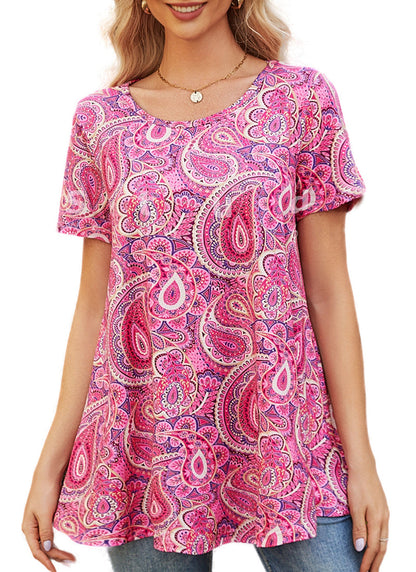 Hot Pink Paisley Print Tunic Top – Women's Plus Size Short Sleeve Swing Blouse to Wear with Leggings (S–7XL)