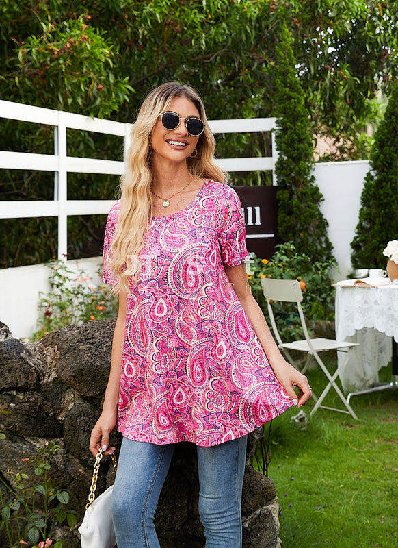 Hot Pink Paisley Print Tunic Top – Women's Plus Size Short Sleeve Swing Blouse to Wear with Leggings (S–7XL)