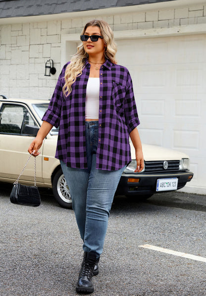 Women's Plus Size Purple Plaid Flannel Shirt | Long Sleeve Button Down