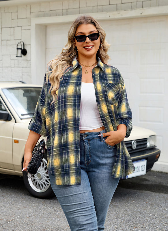 Women's Plus Size Yellow Plaid Flannel Shirt | Long Sleeve Button Down