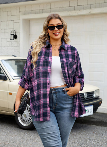 Women's Plus Size Pink Navy Plaid Flannel Shirt | Long Sleeve Button Down