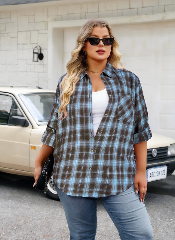 Women's Plus Size Brown Blue Plaid Flannel Shirt | Long Sleeve Button Down