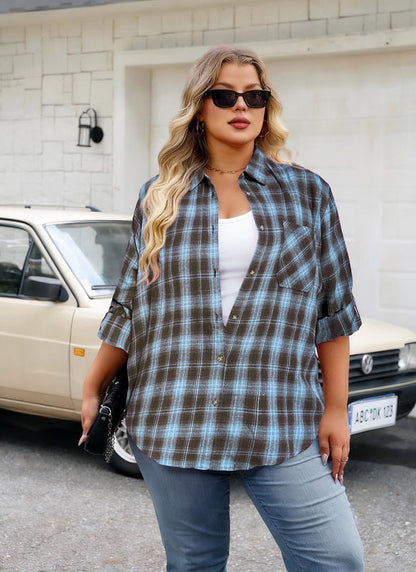 Women's Plus Size Brown Blue Plaid Flannel Shirt | Long Sleeve Button Down