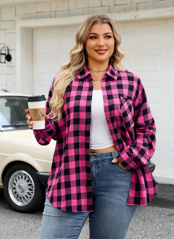 Women's Plus Size Hot Pink Plaid Flannel Shirt | Long Sleeve Button Down