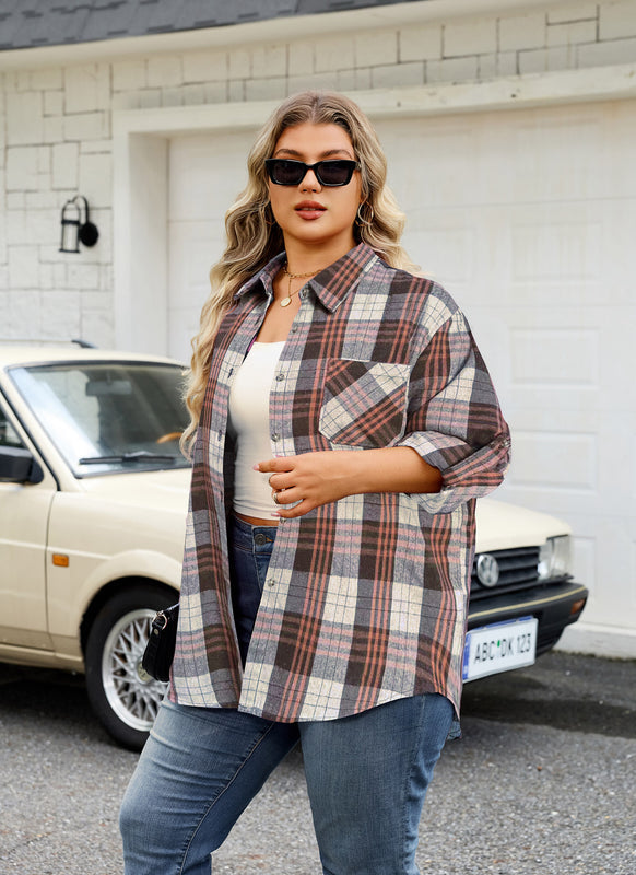 Women's Plus Size Brown Plaid Flannel Shirt | Long Sleeve Button Down