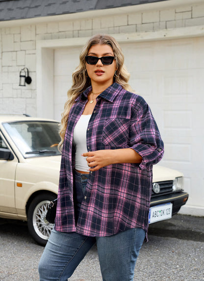 Women's Plus Size Pink Navy Plaid Flannel Shirt | Long Sleeve Button Down