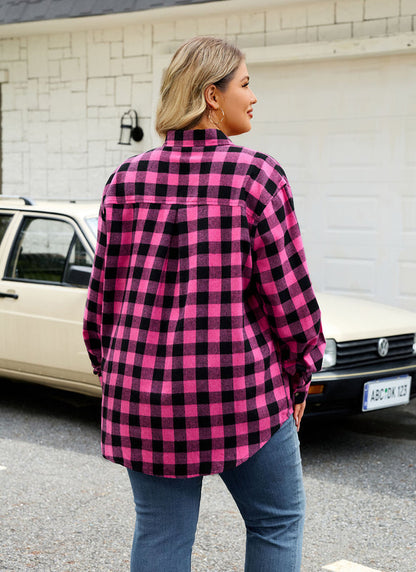 Women's Plus Size Hot Pink Plaid Flannel Shirt | Long Sleeve Button Down