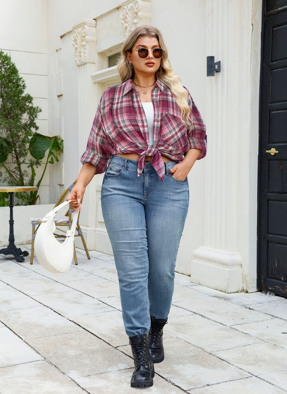 Women's Plus Size Wine Red Plaid Flannel Shirt | Long Sleeve Button Down