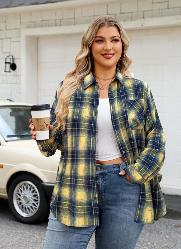 Women's Plus Size Yellow Plaid Flannel Shirt | Long Sleeve Button Down