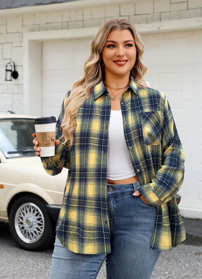 Women's Plus Size Yellow Plaid Flannel Shirt | Long Sleeve Button Down
