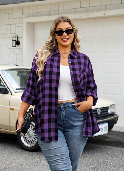 Women's Plus Size Purple Plaid Flannel Shirt | Long Sleeve Button Down