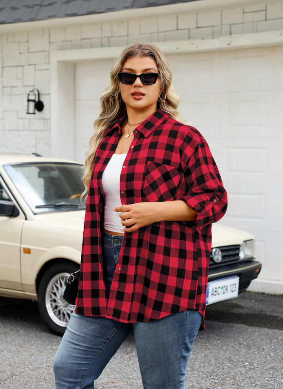 Women's Plus Size Red Plaid Flannel Shirt – Long Sleeve Button Down Boyfriend Blouse