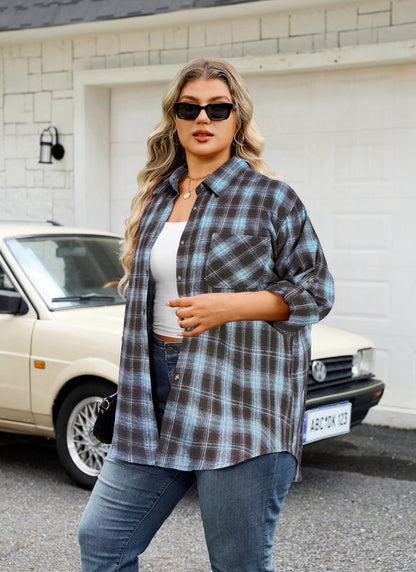 Women's Plus Size Brown Blue Plaid Flannel Shirt | Long Sleeve Button Down