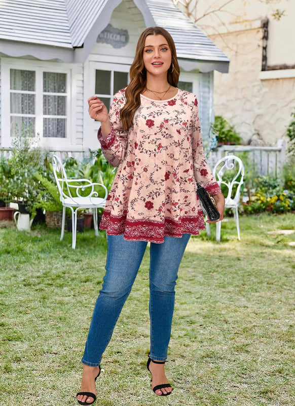 Women's Plus Size Red & Pink Floral Tunic Top – 3/4 Sleeve Swing Flare Blouse