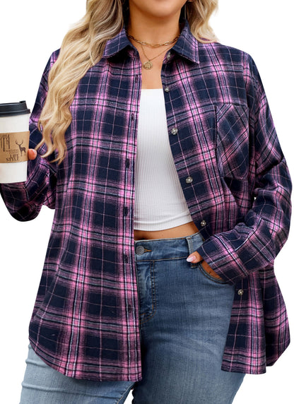 Women's Plus Size Pink Navy Plaid Flannel Shirt | Long Sleeve Button Down