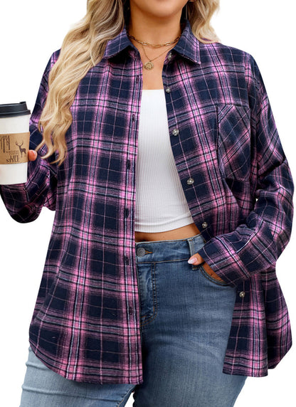 Women's Plus Size Pink Navy Plaid Flannel Shirt | Long Sleeve Button Down