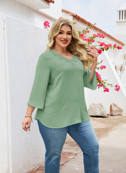 Women's Plus Size Sage Green Floral Trim V-Neck Blouse | 3/4 Sleeve Tunic Top
