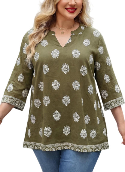 Women's Plus Size Olive Green Boho Block Print Tunic Top | 3/4 Sleeve