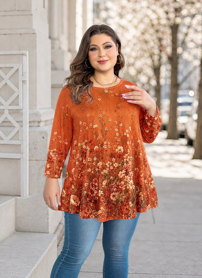 Women's Orange & Black Plus Size Tunic Top – 3/4 Sleeve Flowy Blouse