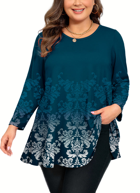 Women's Plus Size Teal Damask Print Tunic Top – 3/4 Sleeve Baroque Floral Blouse with Pockets