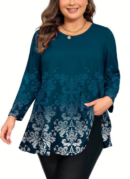 Women's Plus Size Teal Damask Print Tunic Top – 3/4 Sleeve Baroque Floral Blouse with Pockets