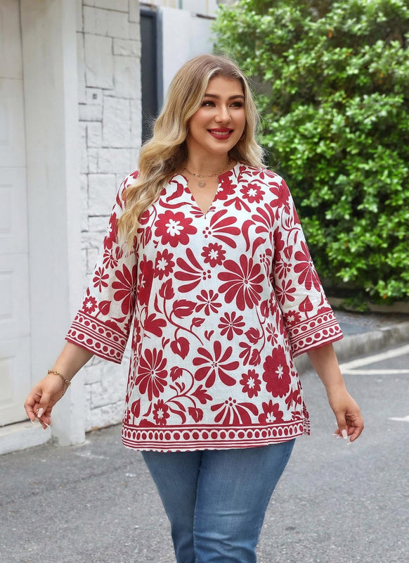 Women's Plus Size Red Floral Vine Print Tunic Top | 3/4 Sleeve Boho Blouse