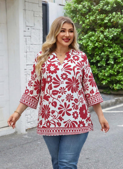 Women's Plus Size Red Floral Vine Print Tunic Top | 3/4 Sleeve Boho Blouse