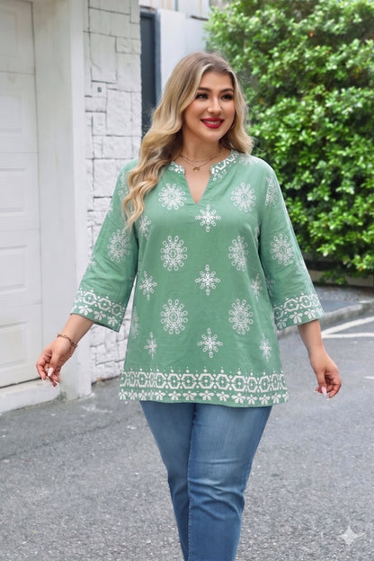 Women's Plus Size Sage Green Boho Medallion Tunic Top | 3/4 Sleeve