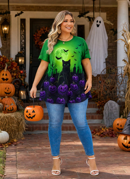 Women's Halloween Green Tunic Top – Witchy Print, Plus Size