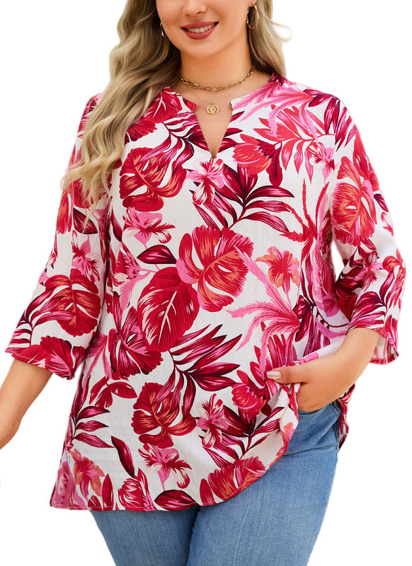 Women's Plus Size Pink Tropical Floral Tunic Top | 3/4 Flutter Sleeve