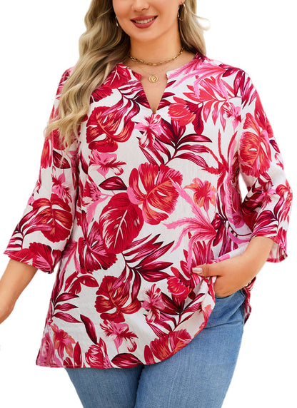 Women's Plus Size Pink Tropical Floral Tunic Top | 3/4 Flutter Sleeve