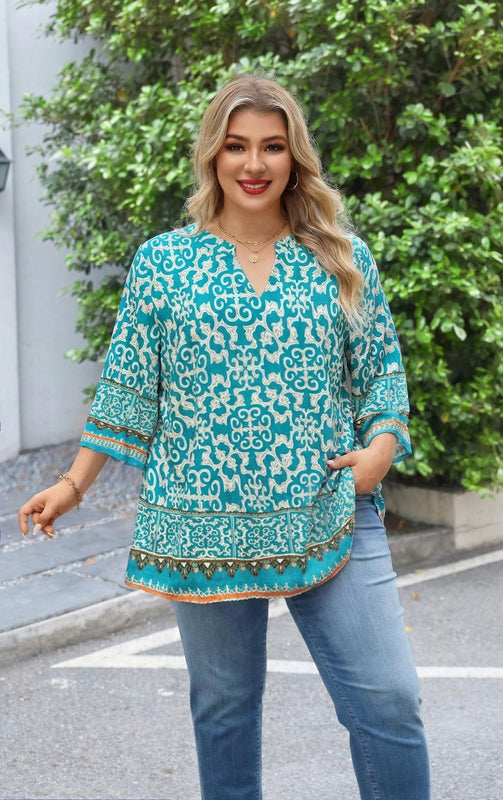 Plus Size Tops 3/4 Sleeve Boho Blouses Dressy Casual V Neck Tunic Loose Fit Floral Peasant Shirts