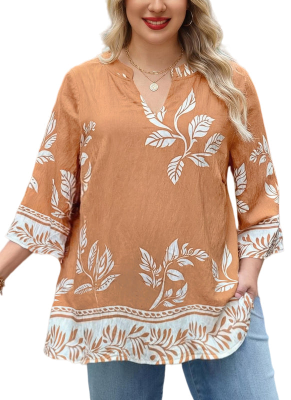 Women's Plus Size Ginger Yellow Tropical Leaf Print Tunic Top | 3/4 Sleeve
