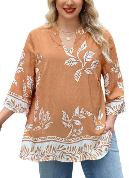 Women's Plus Size Ginger Yellow Tropical Leaf Print Tunic Top | 3/4 Sleeve