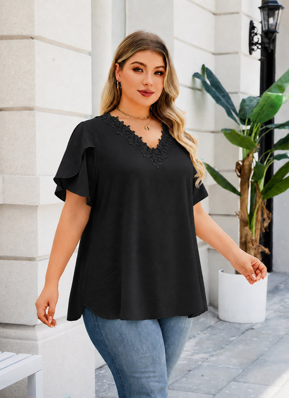Women's Plus Size Black Floral Trim V-Neck Blouse | Flutter Sleeve Tunic Top