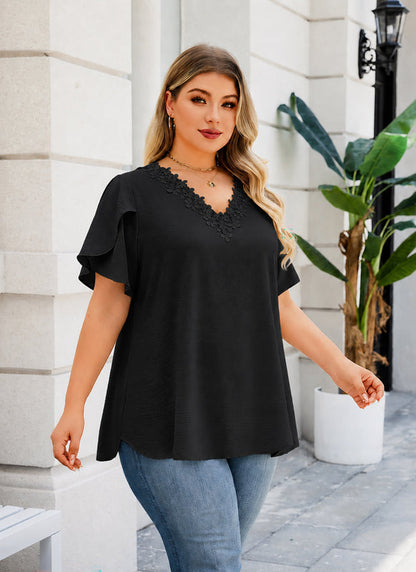 Women's Plus Size Black Floral Trim V-Neck Blouse | Flutter Sleeve Tunic Top